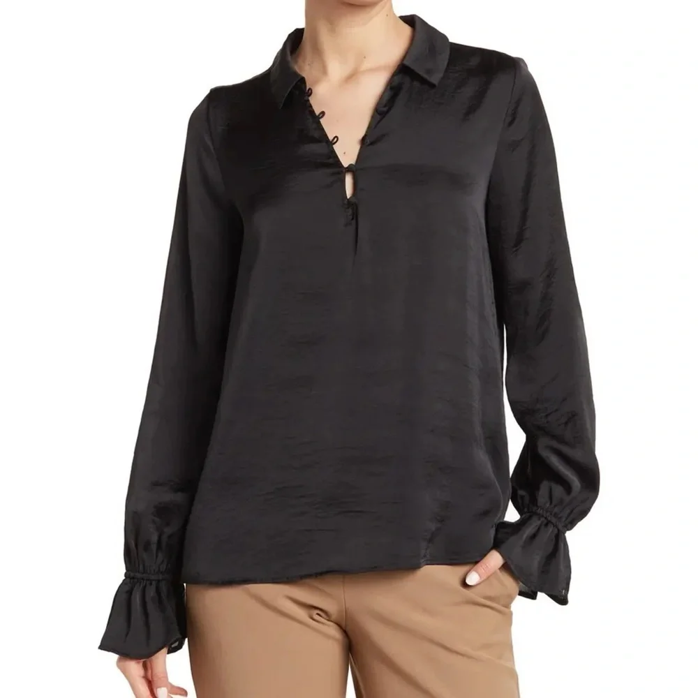 PAIGE Resa Black V-Neck Long Bell Sleeve Satin Blouse Top Medium